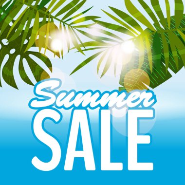 Satılık yaz afiş, poster ile tropikal orman yaprak bırakır. Deniz tropikal yaz arka plan. Vektör çizim Eps10