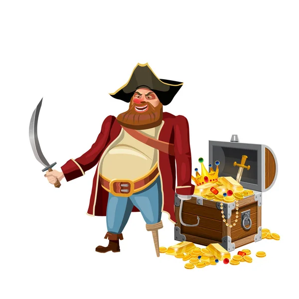 Viejo pirata con una pierna y gancho y sable, guarda cofre tesoro, vector, aislado, estilo de dibujos animados — Vector de stock