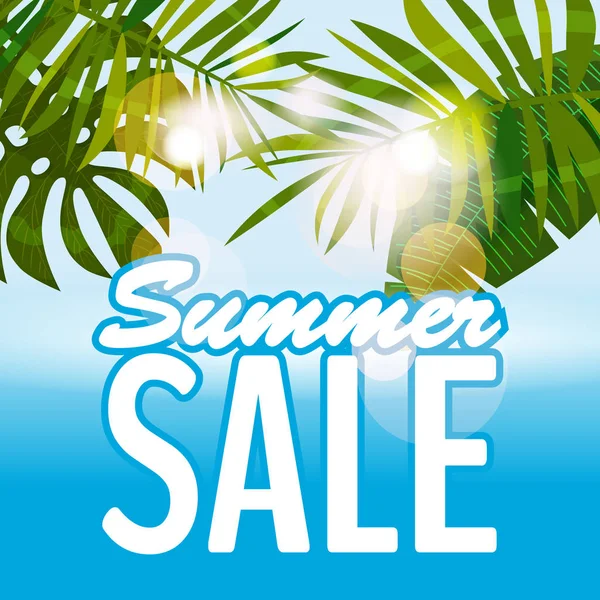 Satılık yaz afiş, poster ile tropikal orman yaprak bırakır. Deniz tropikal yaz arka plan. Vektör çizim Eps10