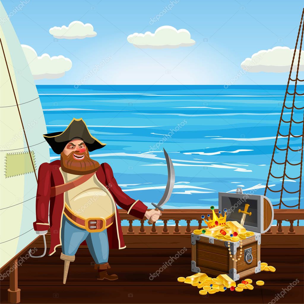 Old pirate with one leg and hook and saber, guards treasure chest on ship deck, vector