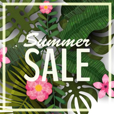 Satılık yaz afiş, poster ile palmiye yaprakları, orman yaprak ve tropik çiçekler. Vektör çizim Eps10