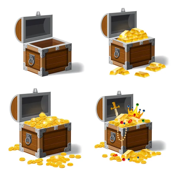 Σετ παλιά πειρατής σεντούκια γεμάτα θησαυρούς, χρυσά νομίσματα, ράβδους, κοσμήματα, στέμμα, στιλέτο, διάνυσμα, κινουμένων σχεδίων στυλ, εικονογράφηση, απομονωμένη. Για τα παιχνίδια, διαφημιστικές εφαρμογές — Διανυσματικό Αρχείο