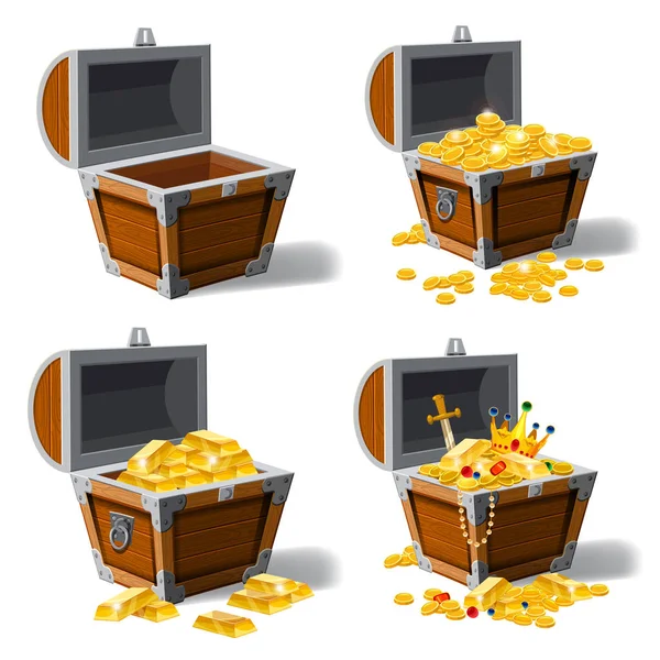 Set old pirate chests full of treasures, gold coins, ingots, jewelry, crown, dagger, vector, cartoon style, illustration, isolated. For games, advertising applications — Stock Vector