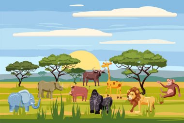 Çizgi film Afrika hayvanların ayarla, manzara savana arka plan. Safari hayvanlar, su aygırı, Gergedan, fil, zürafa, aslan, maymun, buffalo, karikatür tarzı, vektör, izole