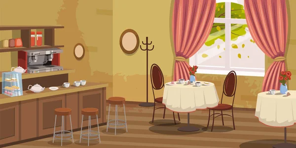 Cafetière, intérieur, étagère, chaises, machine à café, tables, vecteur, illustration, style dessin animé, isolé — Image vectorielle