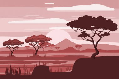 Afrika manzara, aslan, savannah, günbatımı, vektör, illüstrasyon, izole karikatür tarzı,