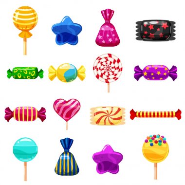 Küme tek çizgi film şekerler, lolipop, şeker, tatlılar. İllüstrasyon, beyaz izole. Karikatür tarzı