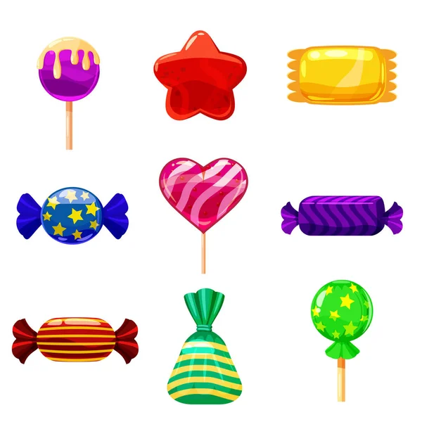 Set bonbons de bande dessinée unique, sucette, bonbons, desserts. Illustration, isolée sur blanc. Cartoon style — Image vectorielle