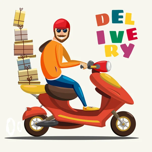 Leveransservice pojke Ride Scooter motorcykel, beställning, frakt över hela världen, snabbt och gratis Transport, tecknad stil, isolerade — Stock vektor