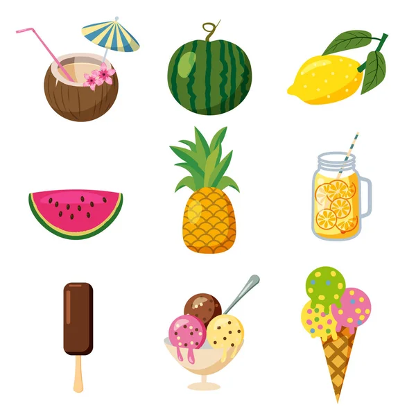 Conjunto de ícones de verão bonito tropical, frutas, sorvete coquetéis tropicais estilo cartoon, isolado — Vetor de Stock