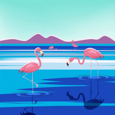 Vektör göle pembe flamingolar illüstrasyon gün batımında, yalıtılmış