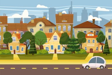 Banliyö Köyü büyük şehir, ağaçlar, yol, gökyüzü ve bulutlar. Gayrimenkul, Satılık ve Kiralık Ev, konak. Yazlık gayrimenkul şirin kasaba kavramı karikatür vektör çizim.