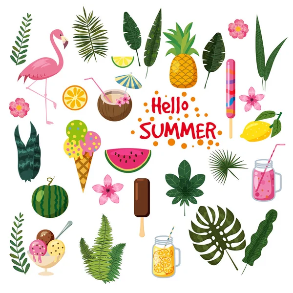 Uppsättning av tropiska blad, söt sommar ikoner, glass, flamingo fågel och tropiska blommor, tecknad stil, isolerade — Stock vektor