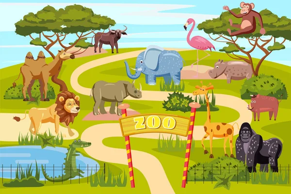 Zoo puertas de entrada cartel de dibujos animados con elefante jirafa león safari animales y visitantes en territorio vector ilustración, estilo de dibujos animados, aislado — Vector de stock