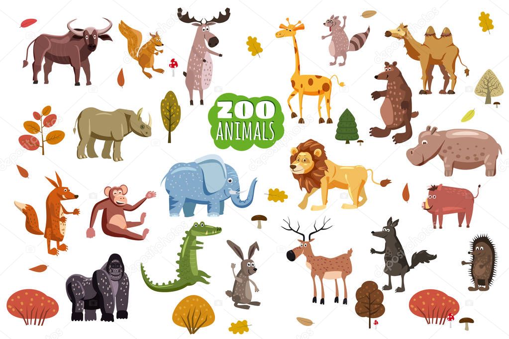 Big set of wild animals cartoon vectors. African, Australian, Asian, South and North American fauna predators and herbivorous species. Cartoon style, isolated