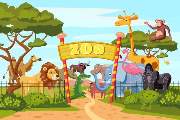 Zoo Eingangstore Cartoon-Poster mit Elefanten Giraffe Löwe Safari Tiere und Besucher auf Territorium Vektor Illustration, Cartoon-Stil, isoliert — Stockvektor