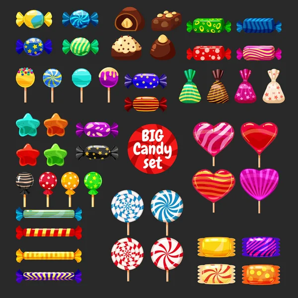 Conjunto de diferentes dulces sobre fondo negro caramelos duros dragee jalea frijoles caramelo de menta. Ilustración vectorial, aislada — Archivo Imágenes Vectoriales