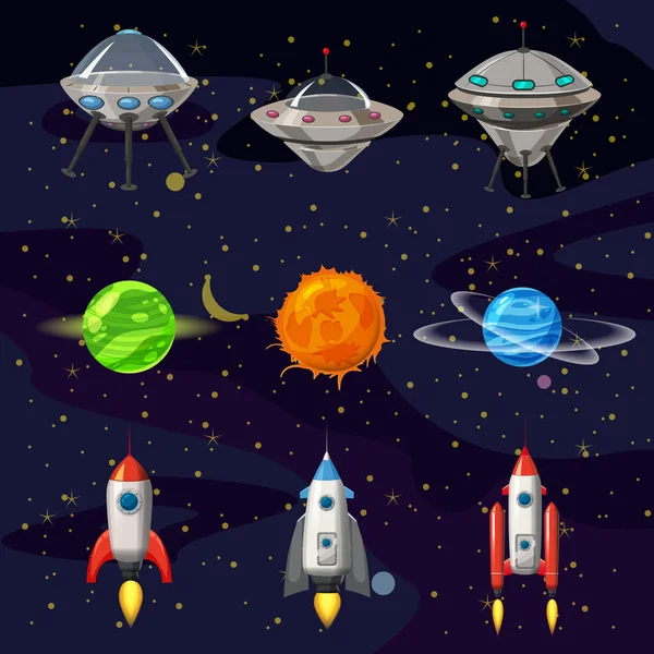 Conjunto de iconos de dibujos animados espaciales. Planetas, cohetes, elementos ovni sobre fondo cósmico, vector, aislado, estilo de dibujos animados — Archivo Imágenes Vectoriales
