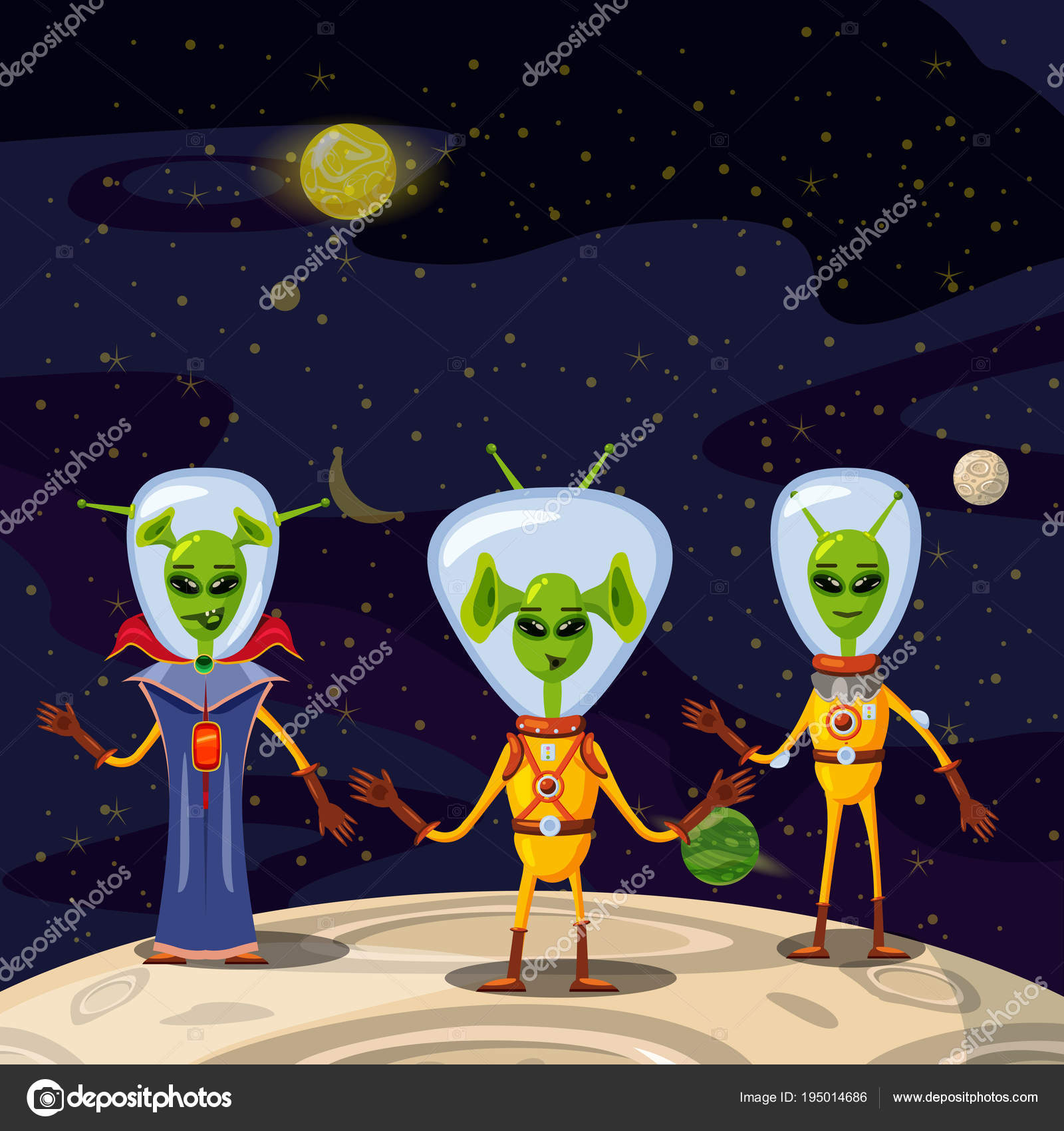 Cute Aliens In Space Suits, Spaceship Crew Cartoon Characters In space