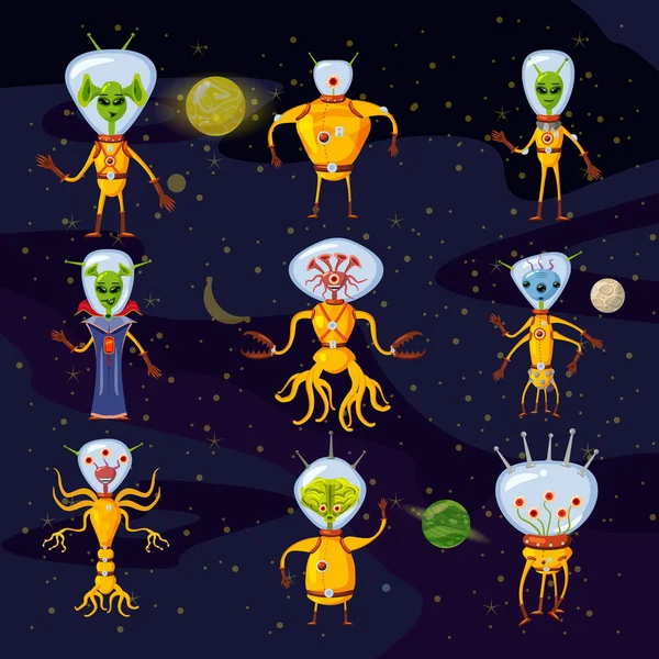 Carino alieni in tuta spaziale, astronave equipaggio personaggi dei cartoni animati nello spazio, vettore, isolato — Vettoriale Stock