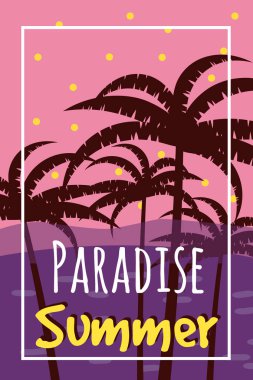 Yaz tropikal ve arka plan avuç içi, gökyüzü günbatımı. Yaz poster el ilanı davetiye. Yaz. Vektör, izole