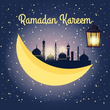 Ramazan kareem arka plan, illüstrasyon Arapça fenerler ve yıldızlı zemin üzerine altın Hilal ile. Vektör, izole