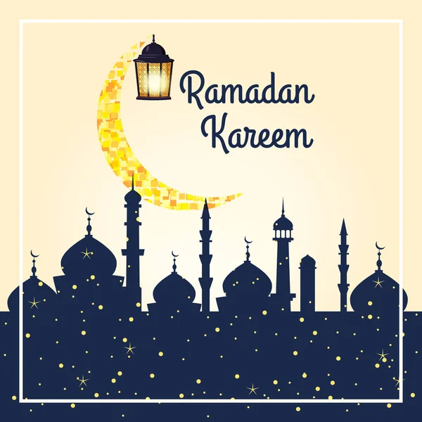 Fundal kareem Ramadan, ilustrație cu felinare arabe și semilună aurie, pe fundal înstelat. Vector, izolat — Vector de stoc