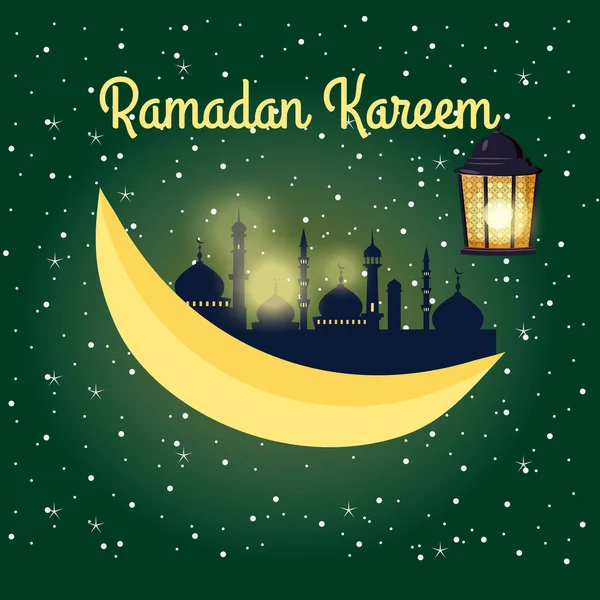 Ramadan Kareem Hintergrund, Illustration mit arabischen Laternen und goldenen Halbmond, auf Sternenhintergrund. Vektor, isoliert — Stockvektor