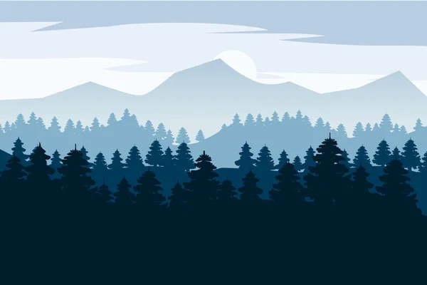 Bosque de pinos y montañas vector fondos. Panorama paisaje abeto silueta ilustración, vector, aislado — Vector de stock