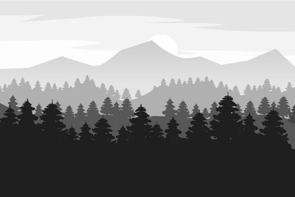 Bosque de pinos y montañas vector fondos. Panorama paisaje abeto silueta ilustración, vector, aislado — Vector de stock