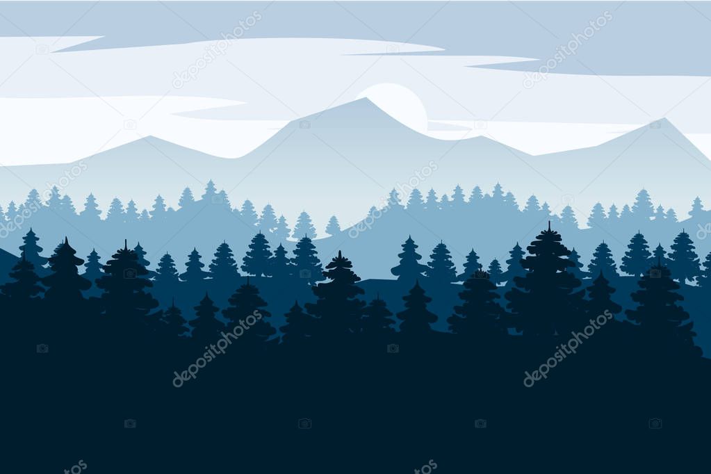 Pine forest and mountains vector backgrounds. Panorama landscape spruce silhouette illustration, vector, isolated