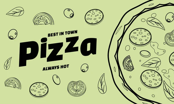 Pizza matmeny för restaurang och café. Design i doodle lineart stil mall flyer baner med ingredienser och text. Vektor illustration för mat meny eller gatukök affischer design, tryck, webb — Stock vektor