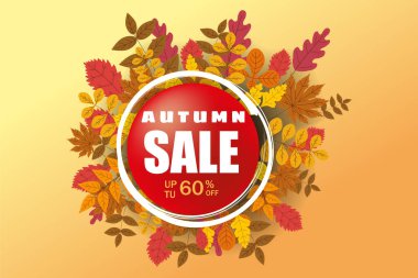 Sonbahar Satış Arka Plan Şablonu, yaprakları, alışveriş indirimi promosyon, Kartpostal ve Davet kartı için mevsimlik poster düşen demet ile. Vektör illüstrasyon Fişi, Banner