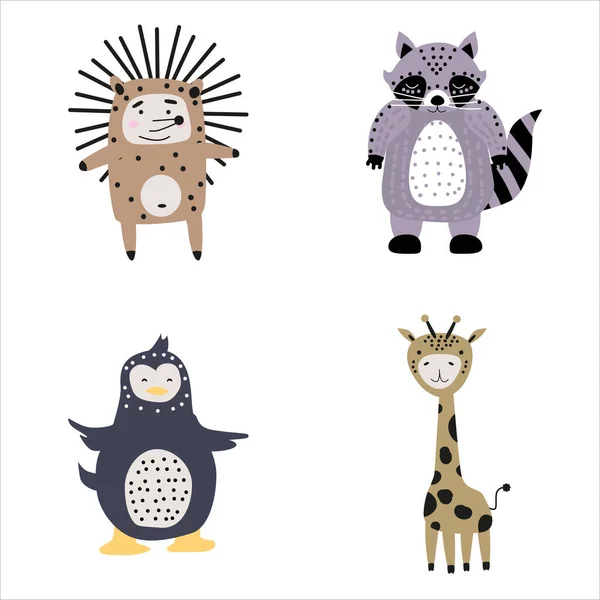 北欧スタイルの動物園で子供のための漫画かわいい動物を設定します。ベクトル絶縁はがきチラシ、ページ、バナーデザイン. — ストックベクタ