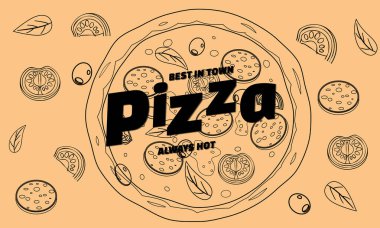 Restoran ve kafe için pizza menüsü. Çizgi sanatı tarzı broşür afişi ve içerik ve metin tasarımı. Yemek menüsü veya sokak yiyecekleri afişleri tasarımı, baskılar, web için vektör illüstrasyonu