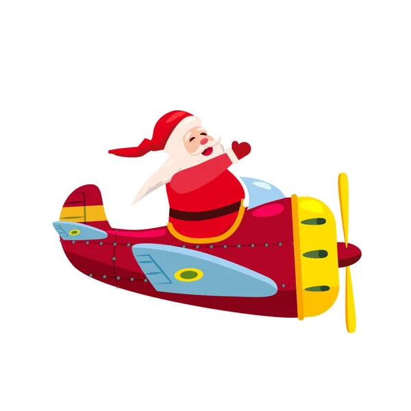 Santa Flying speed airplane retro vintage. Vector isolated cartoon style — Stock Vector