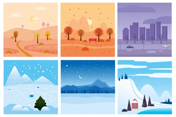 Calendario conjunto paisaje invierno, otoño en un estilo simple mínimo plano - plantilla de cubierta de pancartas de temporada. Vector aislado — Vector de stock