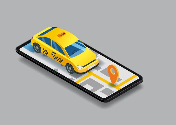 Taksi servisi izometrik. Şehir haritası güzergahlı akıllı telefon ve konum sarı araba. Taksi uygulaması ekrana geliyor. Çevrimiçi mobil uygulama taksi servisi. Taksi servisi için vektör illüstrasyonu