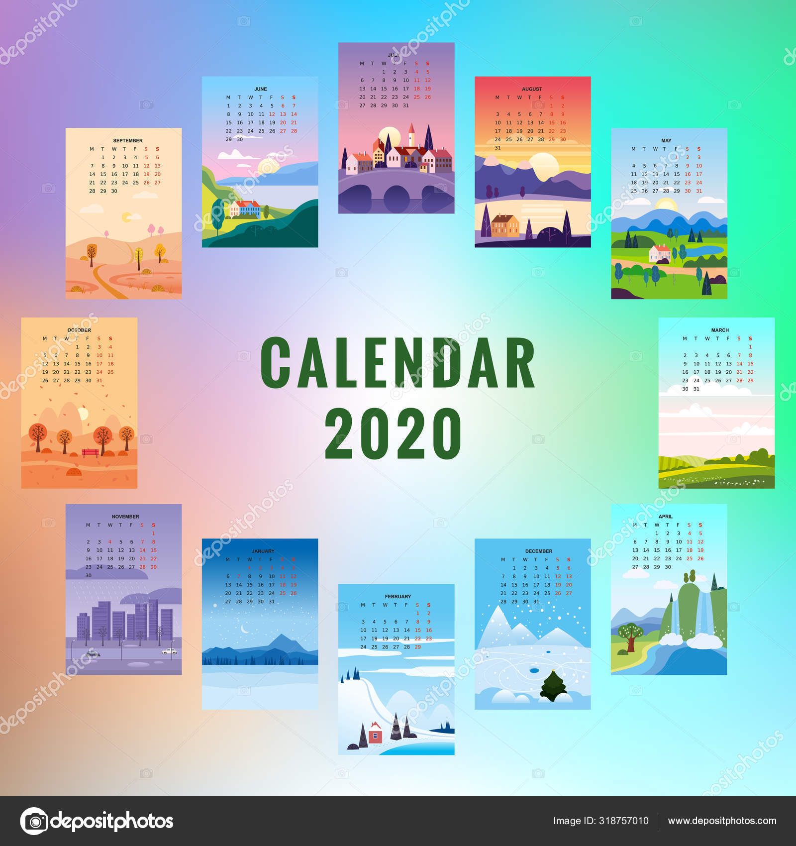 2020 Calendar Minimalistic Landscape, 5 Seasons Landscape