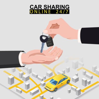 Araba paylaşımı izometrik. El, şehir haritası olan başka bir elin anahtarlarını taşır ve sarı arabayı işaret eder. Çevrimiçi mobil uygulama sipariş servisi. Araba paylaşım servisi için vektör illüstrasyonu