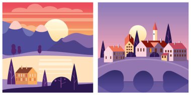 Yaz mevsiminde günbatımını ayarlayın. Vektör izole edilmiş minimal çizgi film biçimi, şablon afiş posteri