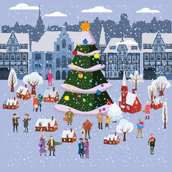 Vánoční trh nebo prázdniny zimní venkovní veletrh na Staroměstském náměstí velký Nový rok strom městská krajina. Velký soubor lidí chůze, nákup dárky, pití kávy, zdobené stánky se suvenýry nebo kiosky s dárky — Stockový vektor