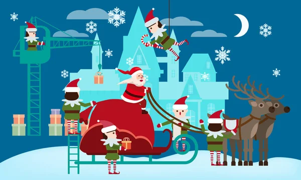 Санта Клаус на санях с оленями и огромным пакетом подарков. Помощники эльфов собирают подарки. Векторный изолированный плоский вектор в стиле картона — стоковый вектор