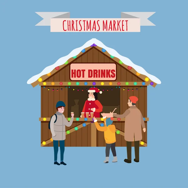 Χριστουγεννιάτικο περίπτερο με ζεστά ροφήματα κατάστημα με γιρλάντες διακοσμήσεις. Ο κόσμος αγοράζει ποτά και φαγητό. Χριστούγεννα δίκαιη ξύλινα περίπτερα διανυσματική απεικόνιση απομονωμένη — Διανυσματικό Αρχείο