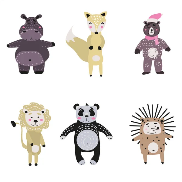 Set de dibujos animados animales lindos para niños en el zoológico de estilo escandinavo. Volante de postal aislado vectorial, página, diseño de banner . — Vector de stock