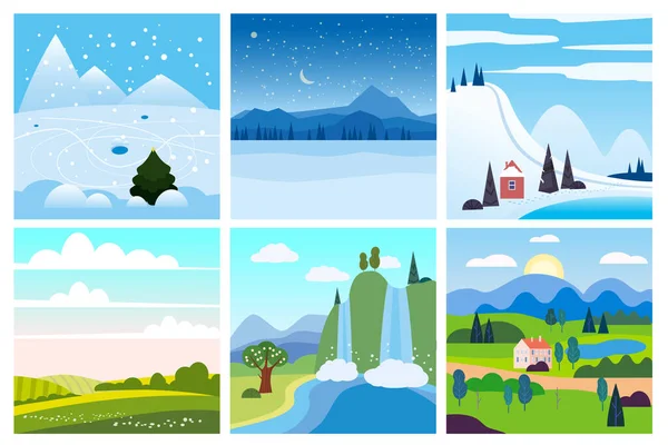 Calendario conjunto paisaje invierno, verano en un estilo simple mínimo plano - plantilla de cubierta de pancartas de temporada. Vector aislado — Vector de stock