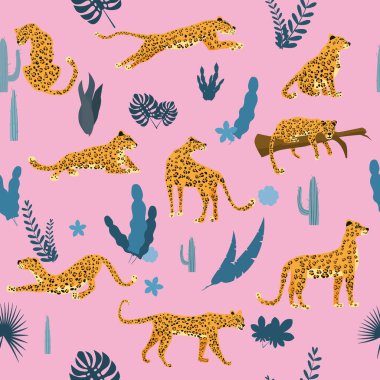 Tropikal yapraklar, bitkiler, memeli, yırtıcı, orman ile farklı pozlar leoparlar ile Dikişsiz desen. Trend Stili, Vektör, İllüstrasyon, İzole