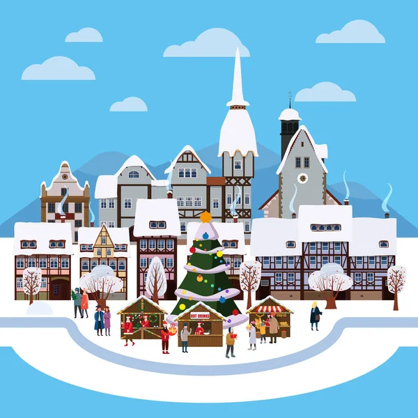 Vánoční městská zimní ulice se starými městskými domy a stromy. Krajina s lidmi vánoční strom suvenýry stánky na trhu. Vektorová ilustrace izolovaný plochý kreslený styl — Stockový vektor