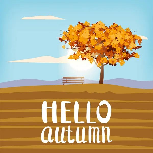 Hello Autumn landscape tree lettering rural scenery outdoor yellow red brown leaves foliage fall sunset mood panorama river lake reflection bench. Vector aislado cartel baner — Vector de stock