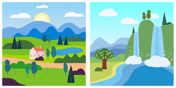 Definir paisagem primavera verão rural cachoeira rural. Vetor isolado estilo cartoon mínimo, modelo cartaz baner —  Vetores de Stock